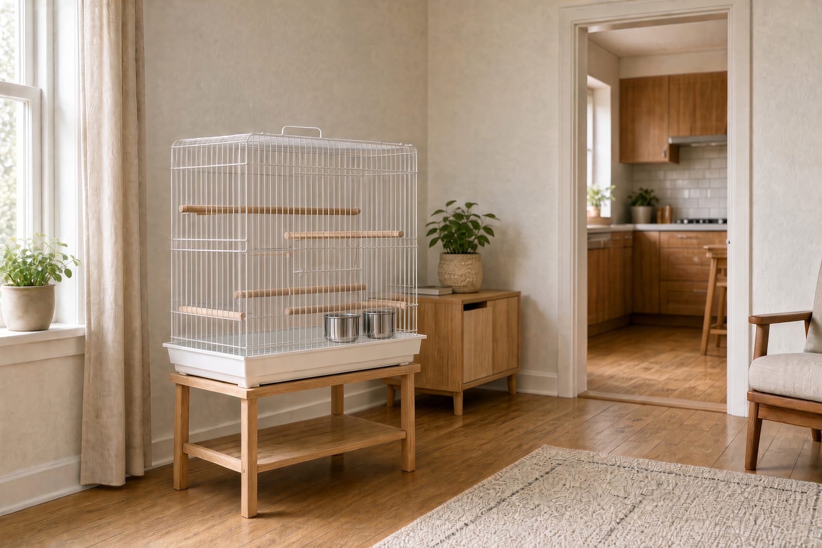 A pet parrot's cage set up in a living room away from the kitchen, illustrating a bird-safe room free of nonstick cookware fumes and aerosols