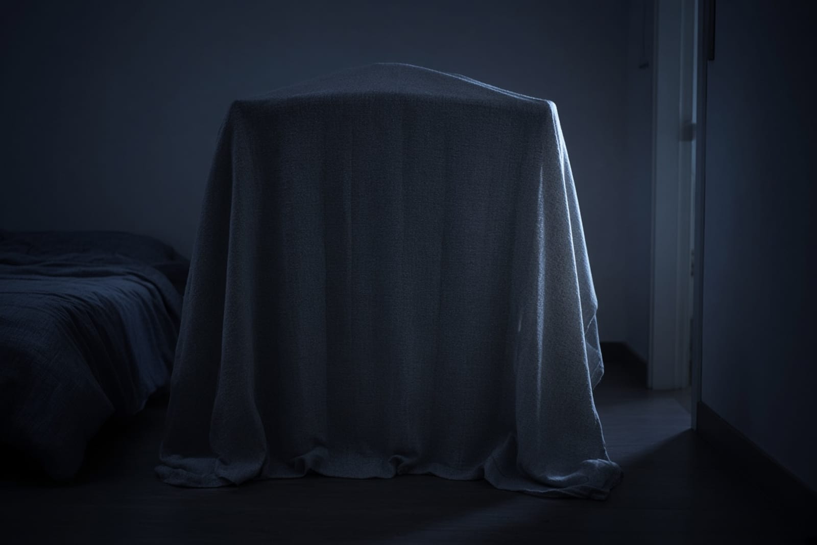 A covered parrot cage in a dark, quiet room at night, illustrating a consistent bird sleep schedule