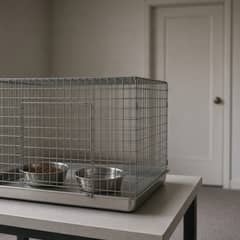 A newly acquired budgie in a small cage set up in a separate room with its own food and water dishes, away from an established bird's cage, illustrating a proper quarantine setup