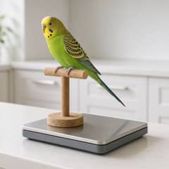 A gray cockatiel standing on a perch mounted to a digital gram scale, with a hand gently checking the keel bone along its breastbone