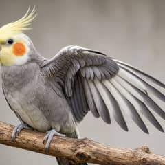 A cockatiel with one wing gently extended, showing the long primary flight feathers along the outer edge that a wing trim shortens