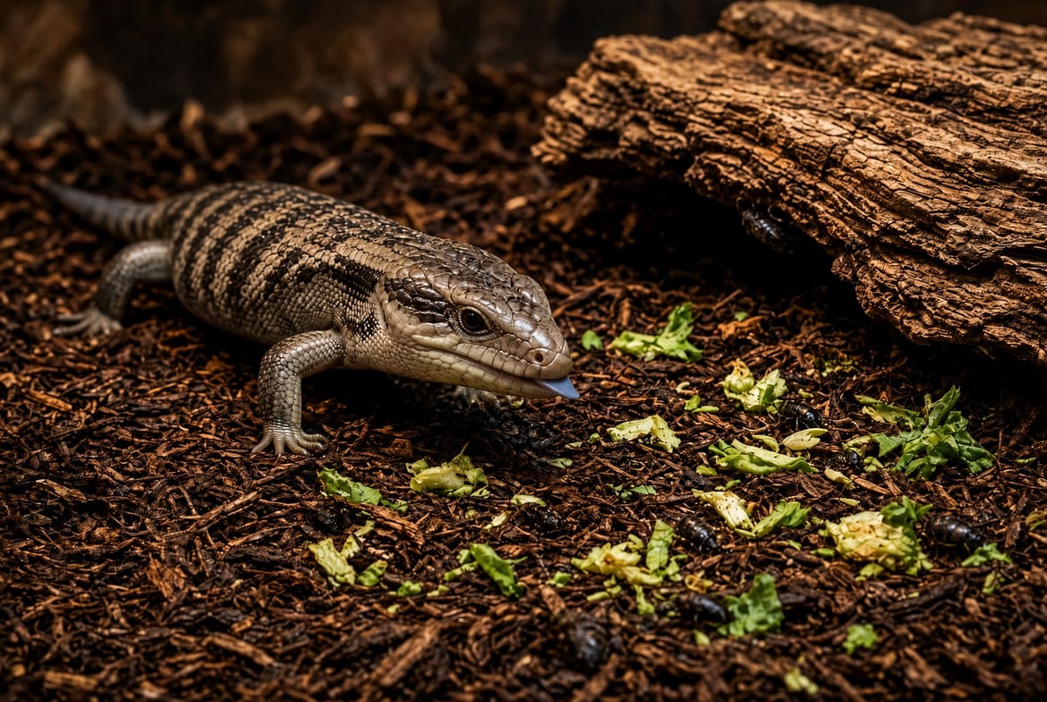 A blue tongue skink foraging across deep substrate scattered with food