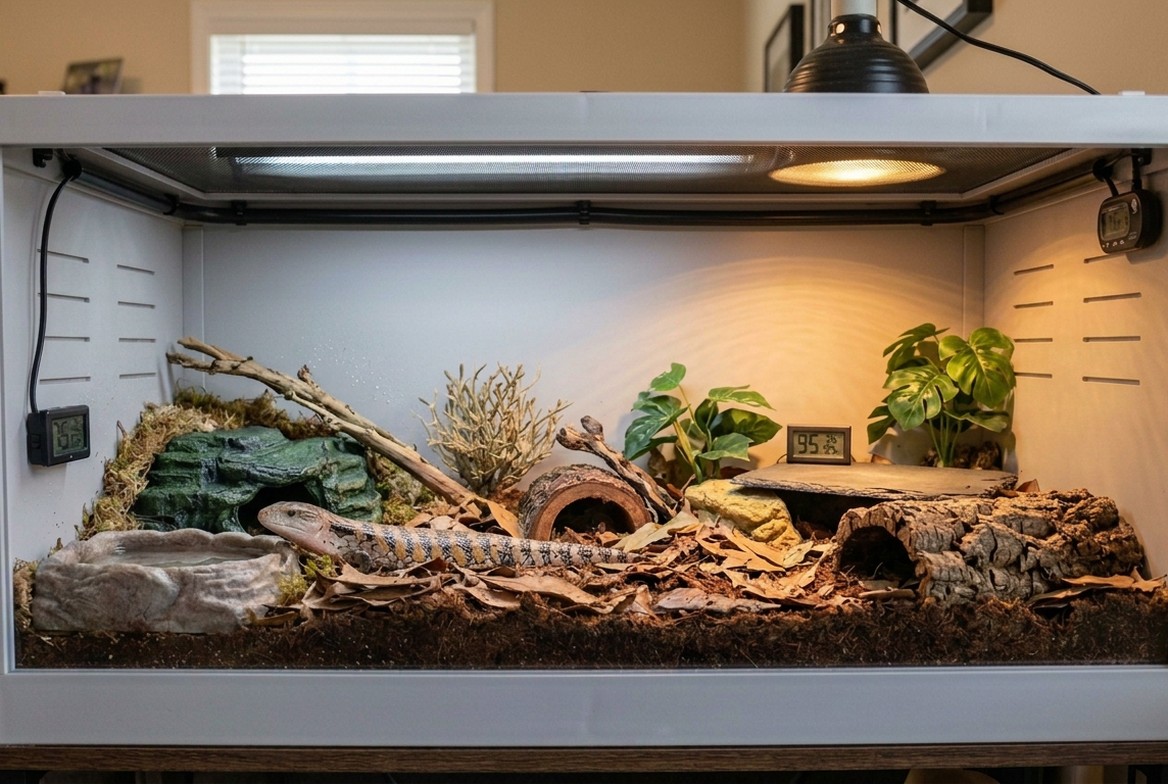 Blue-tongued skink enclosure with basking area, hide, and moisture-retentive substrate