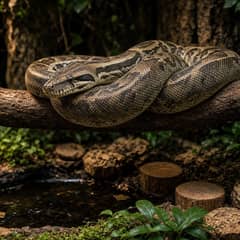 A boa constrictor draped across a thick horizontal branch in a large planted enclosure