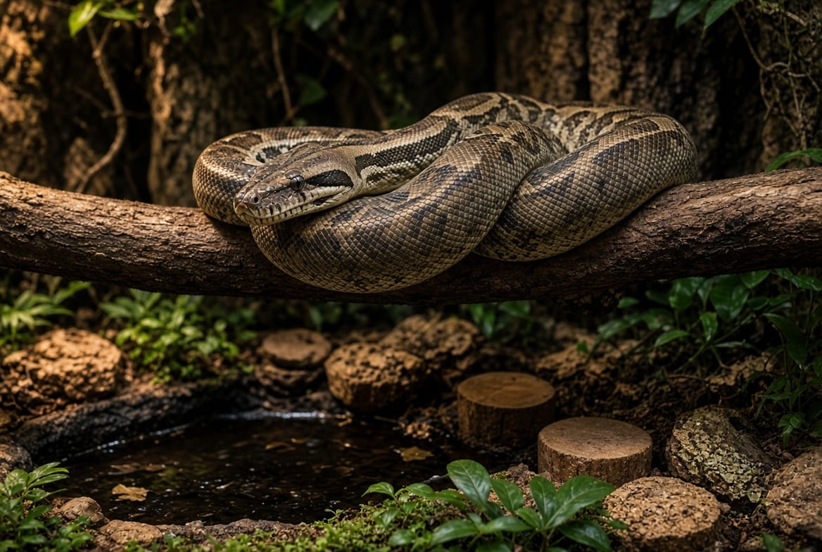 A boa constrictor draped across a thick horizontal branch in a large planted enclosure