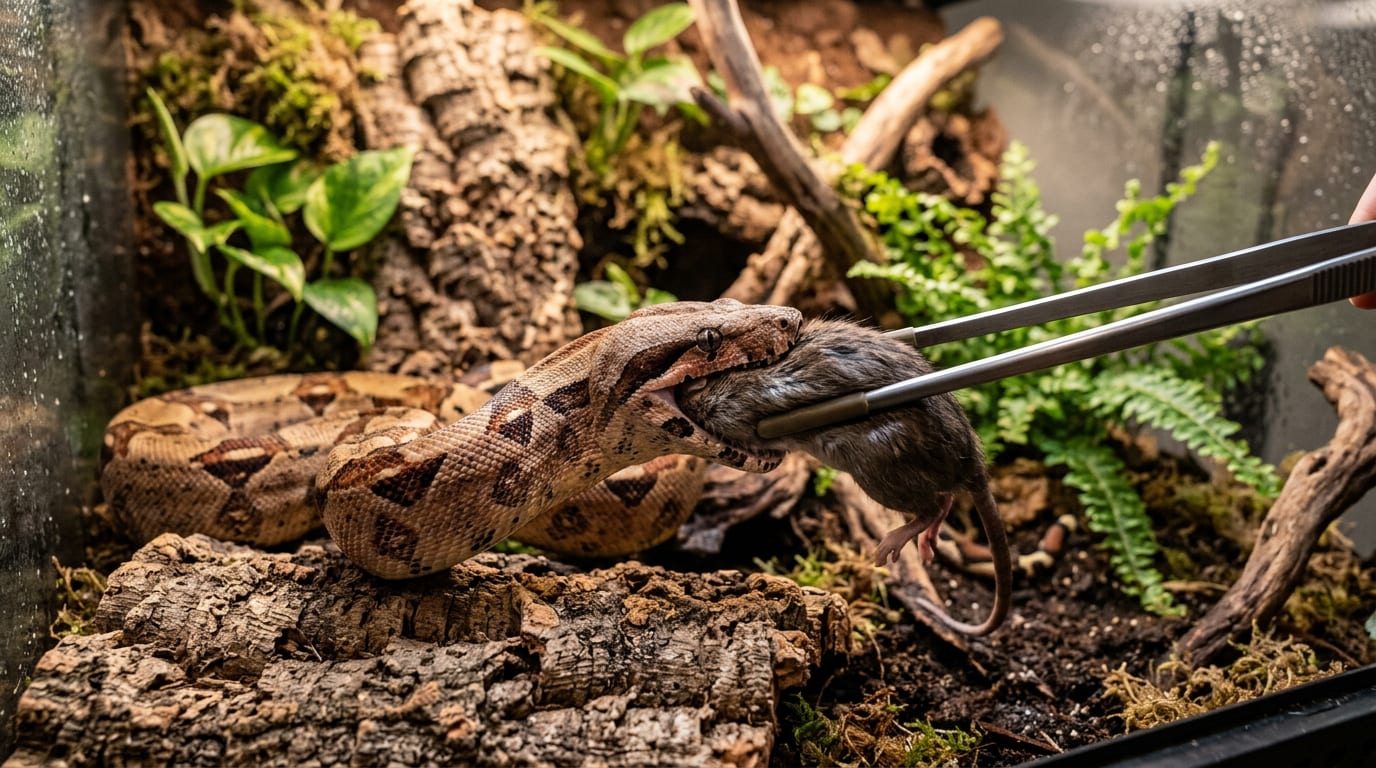 A boa constrictor coiled around a frozen-thawed rat offered with feeding tongs