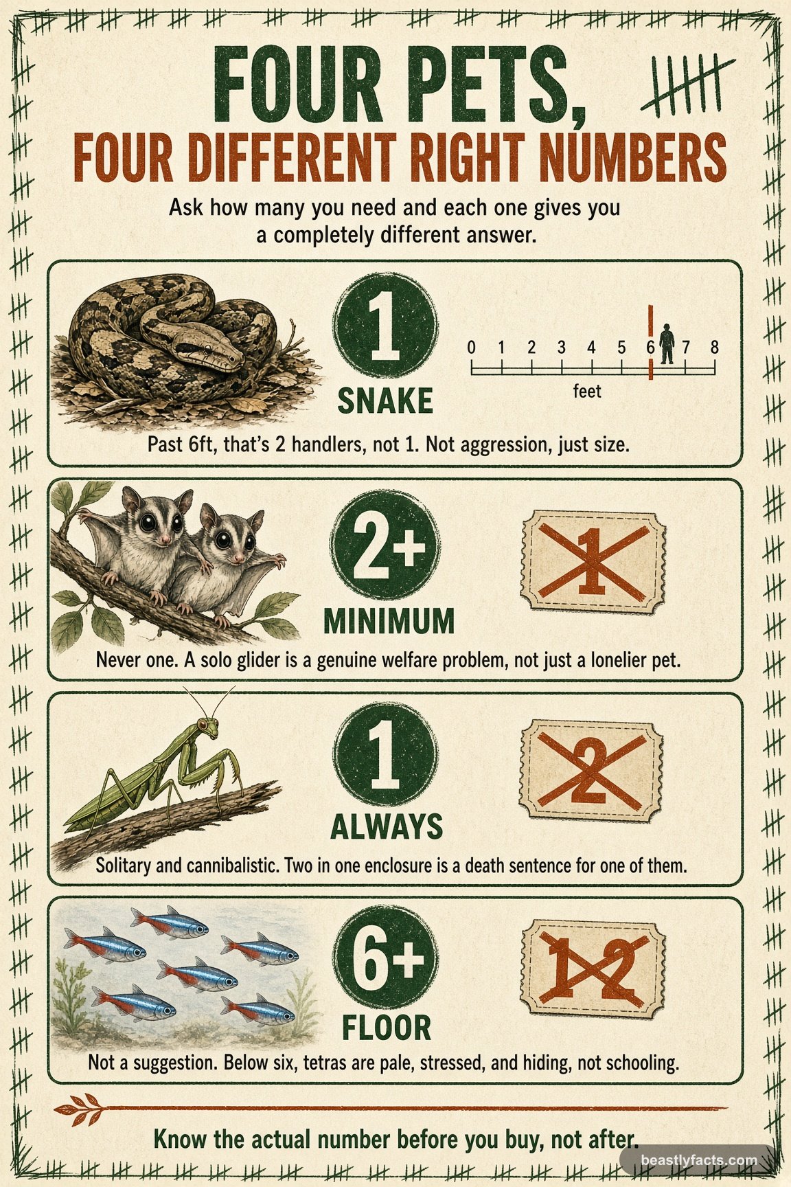Portrait infographic comparing a boa constrictor, sugar glider, praying mantis, and neon tetra, showing the one correct number to keep for each