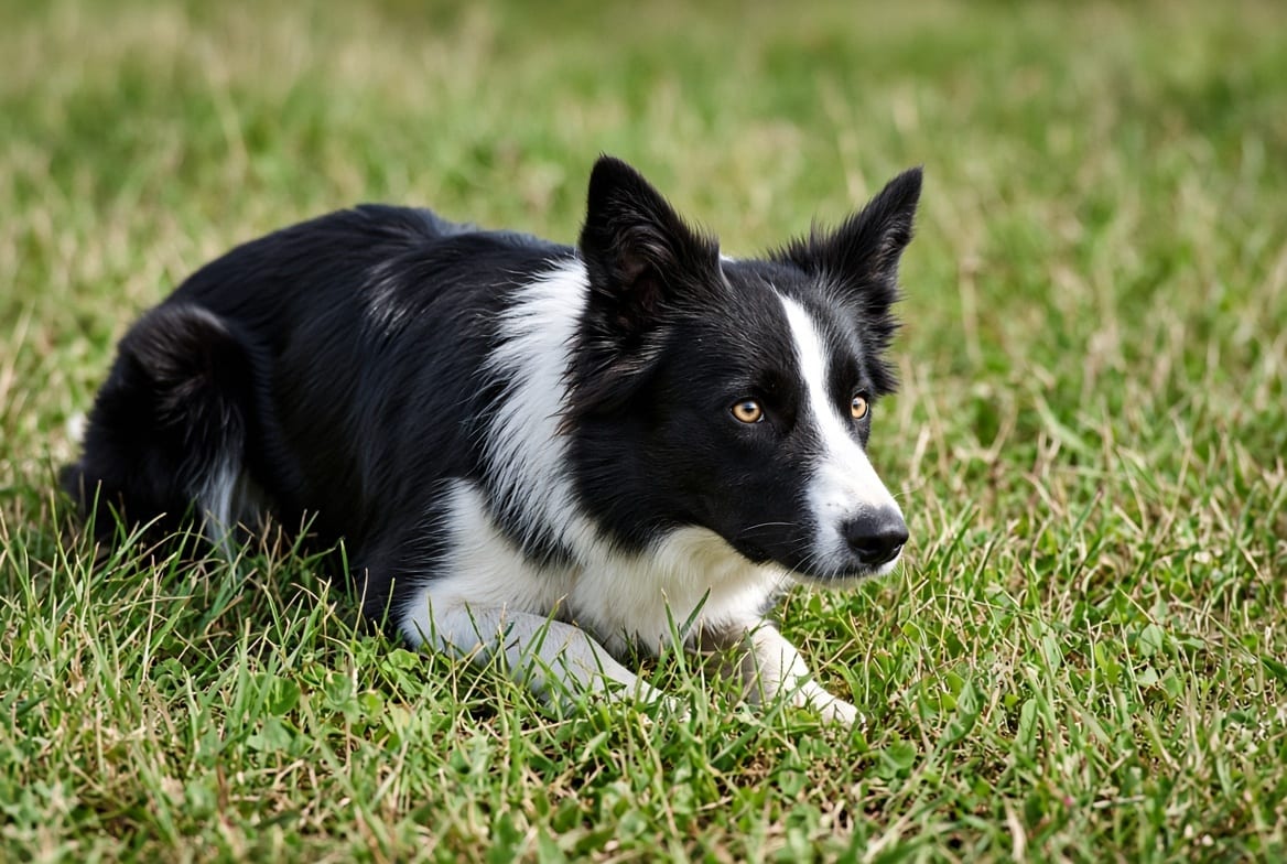 A border collie in a focused crouch, eyes locked on a task in front of it