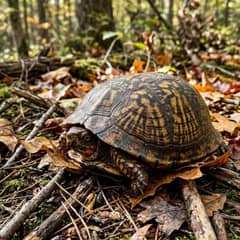 Eastern box turtle on forest substrate with its shell partly closed, beside enclosure setup gear