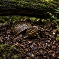 An eastern box turtle pushing through deep mulch and leaf litter in a planted enclosure