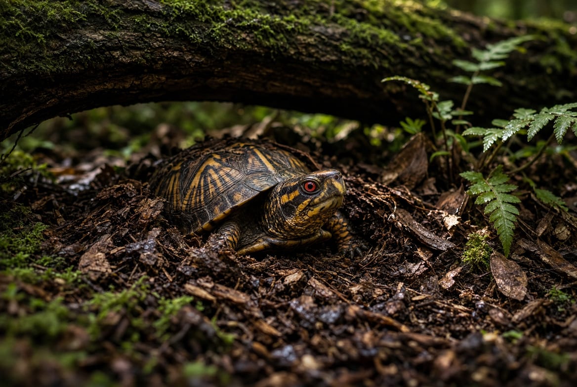 An eastern box turtle pushing through deep mulch and leaf litter in a planted enclosure