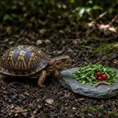 A box turtle eating chopped greens and an earthworm from a flat feeding stone