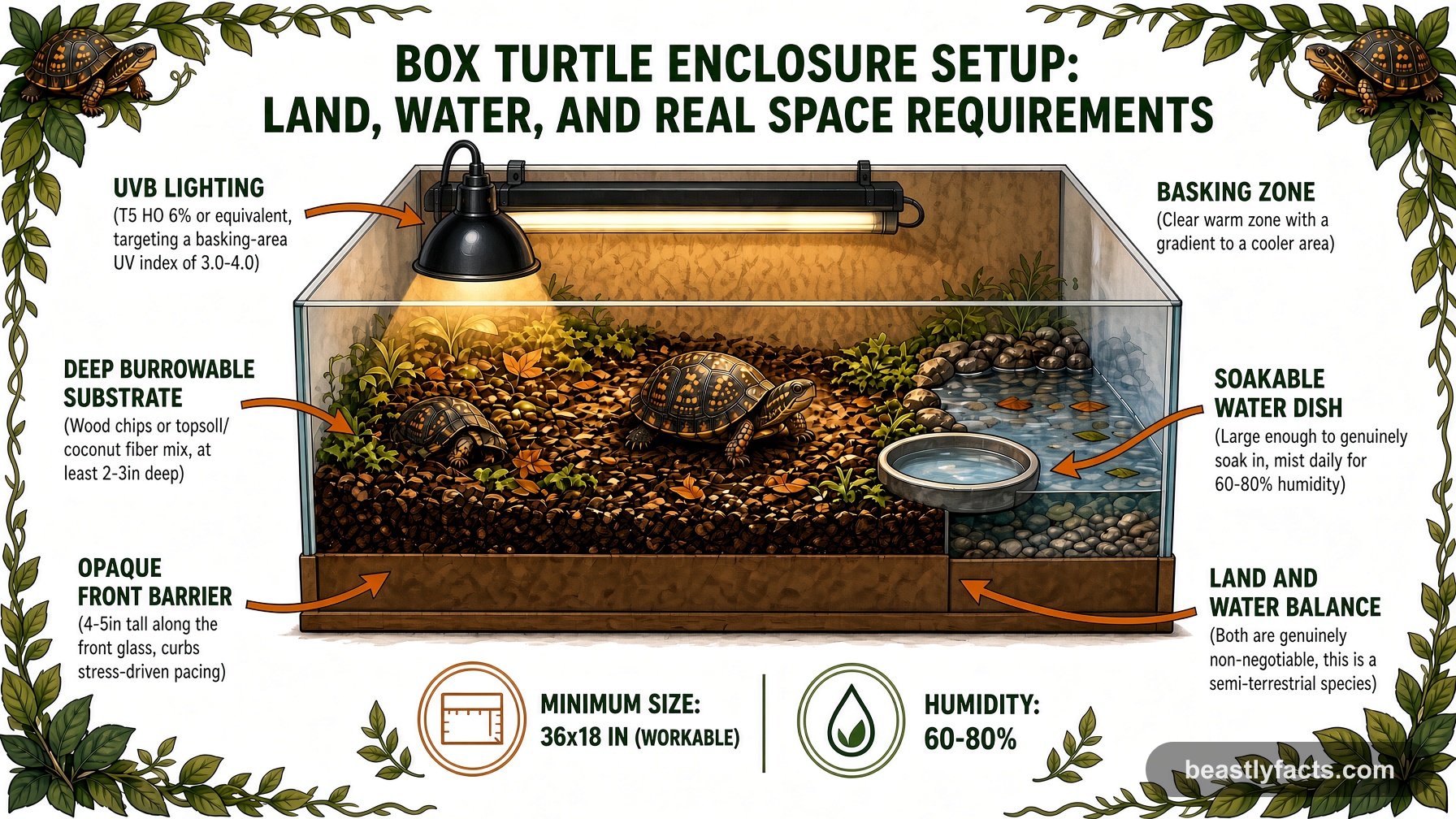 Labeled diagram of a box turtle enclosure showing UVB and basking lighting grouped together, deep substrate, and a water dish