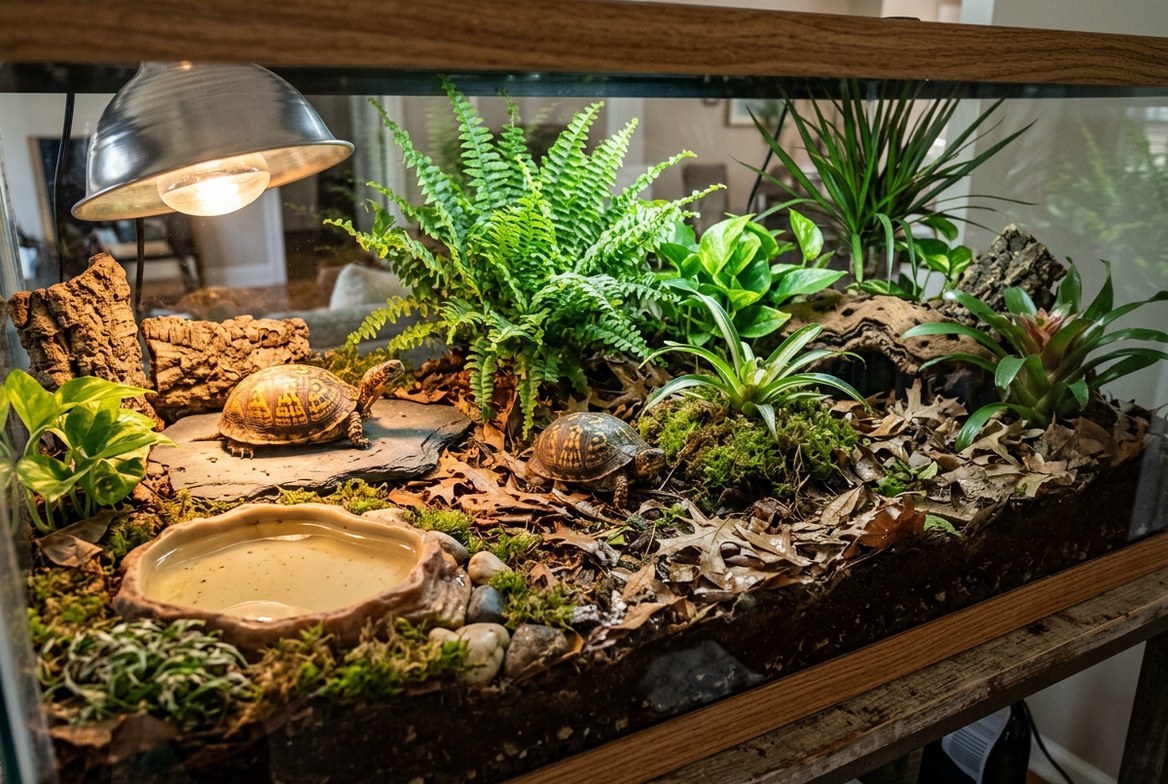 Box turtle enclosure with a basking light, deep burrowable substrate, and a soaking dish