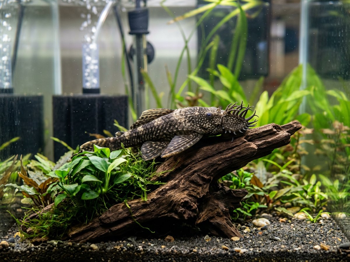 A bristlenose pleco clinging to a piece of driftwood in a planted aquarium