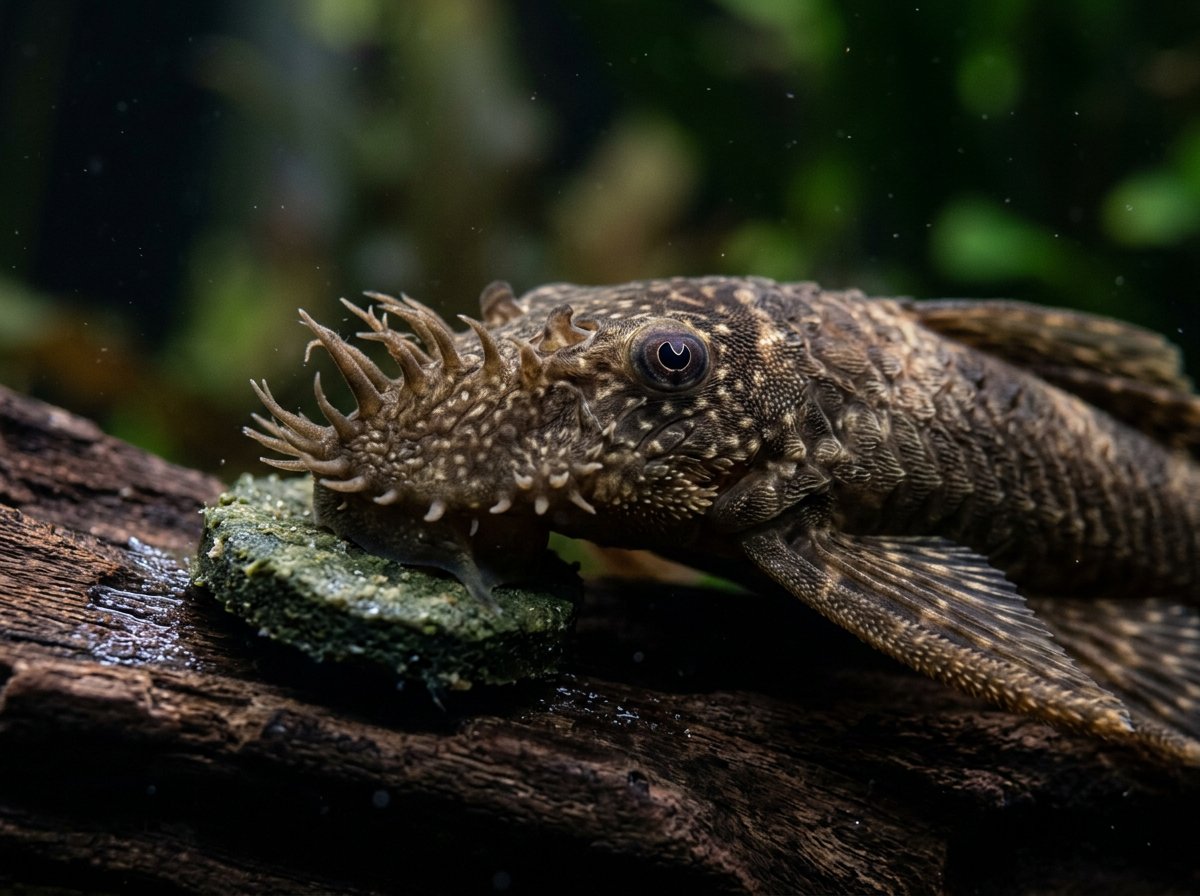 A bristlenose pleco grazing on a sinking algae wafer near a piece of driftwood