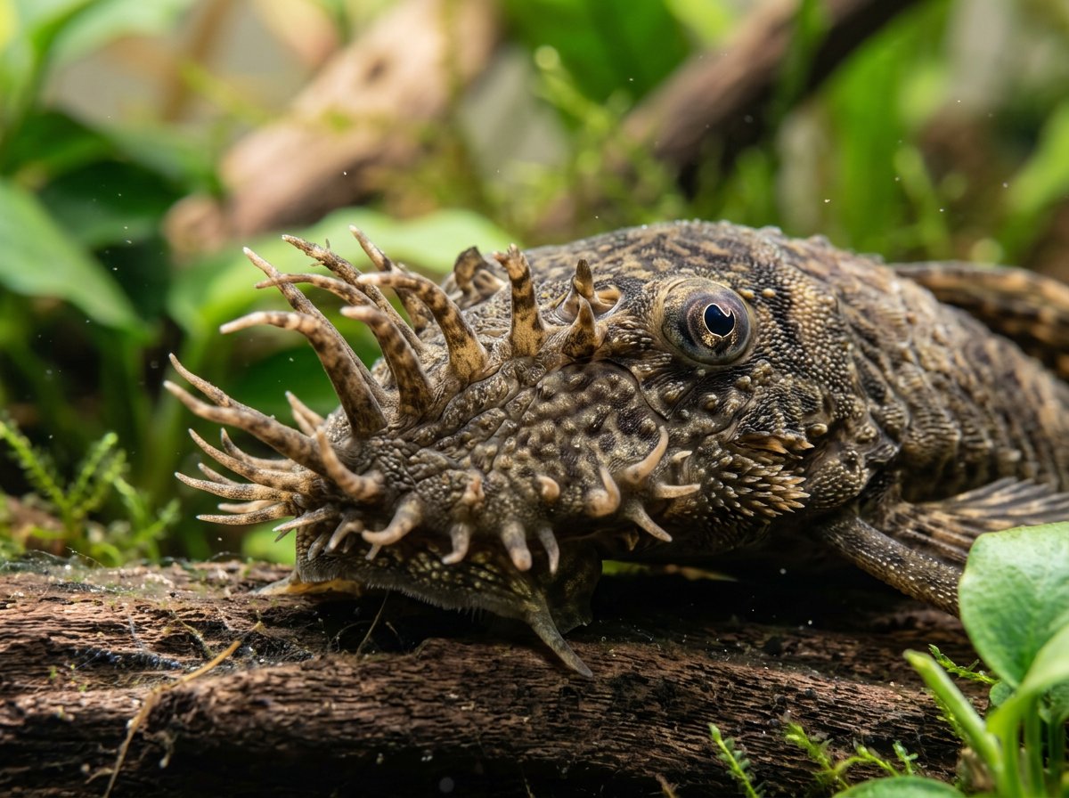 Close-up of a bristlenose pleco resting on driftwood, showing its fins and barbels