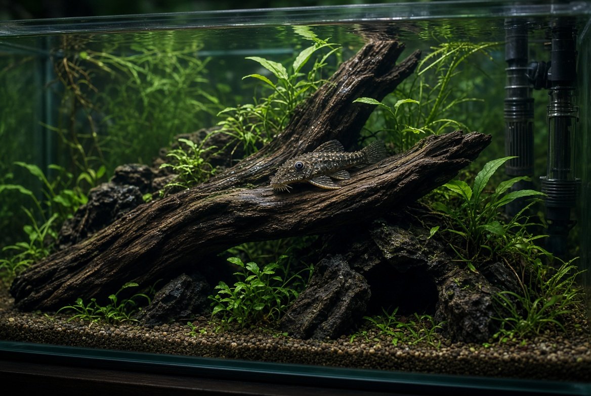 A bristlenose pleco tank with driftwood, caves, and smooth substrate