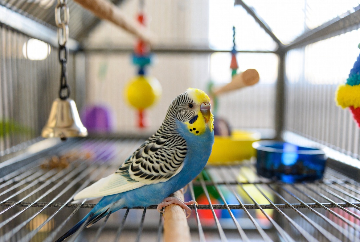 Budgie perched in a fully equipped flight cage