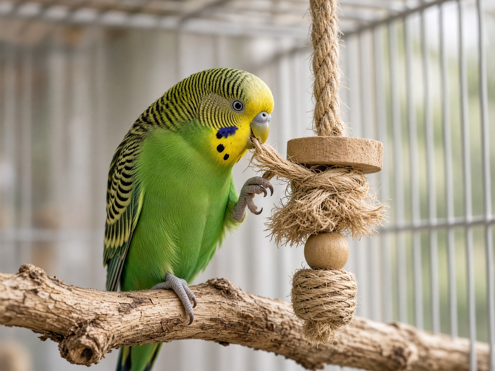 A budgie perched near a foraging toy inside its cage