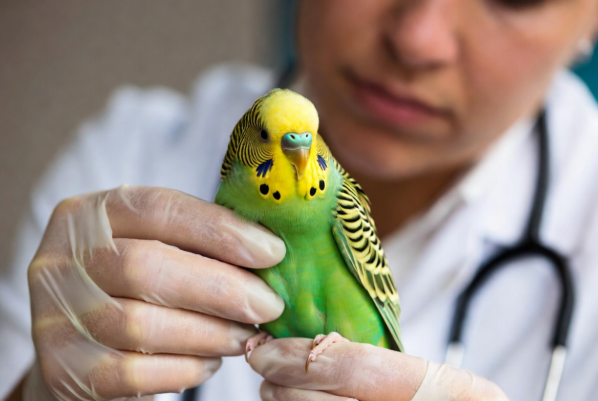 Budgie being examined by an avian veterinarian