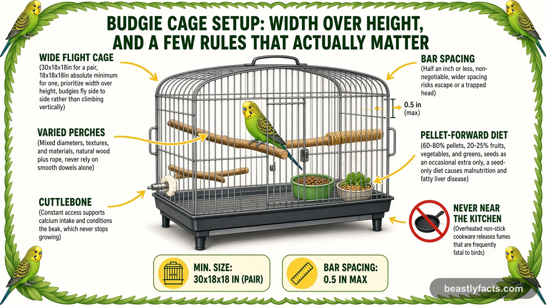Labeled diagram of a budgie cage showing a wide flight cage, varied perches, and a pellet-forward diet
