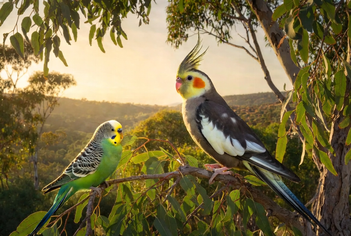 A budgie and a cockatiel side by side for comparison