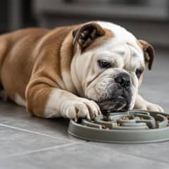 An english bulldog working a puzzle feeder on a cool tiled floor