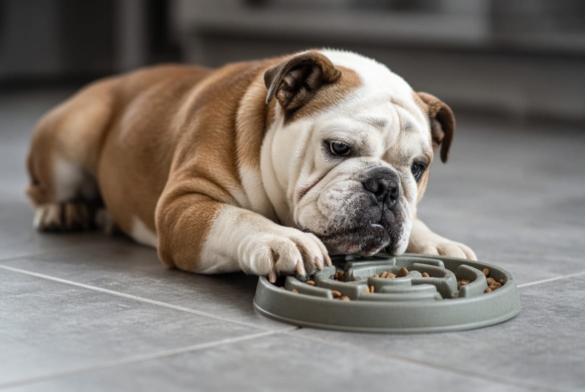 An english bulldog working a puzzle feeder on a cool tiled floor