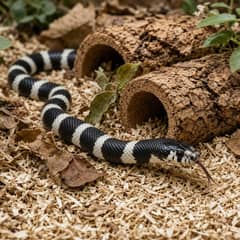 A banded California kingsnake moving across leaf litter in a furnished enclosure