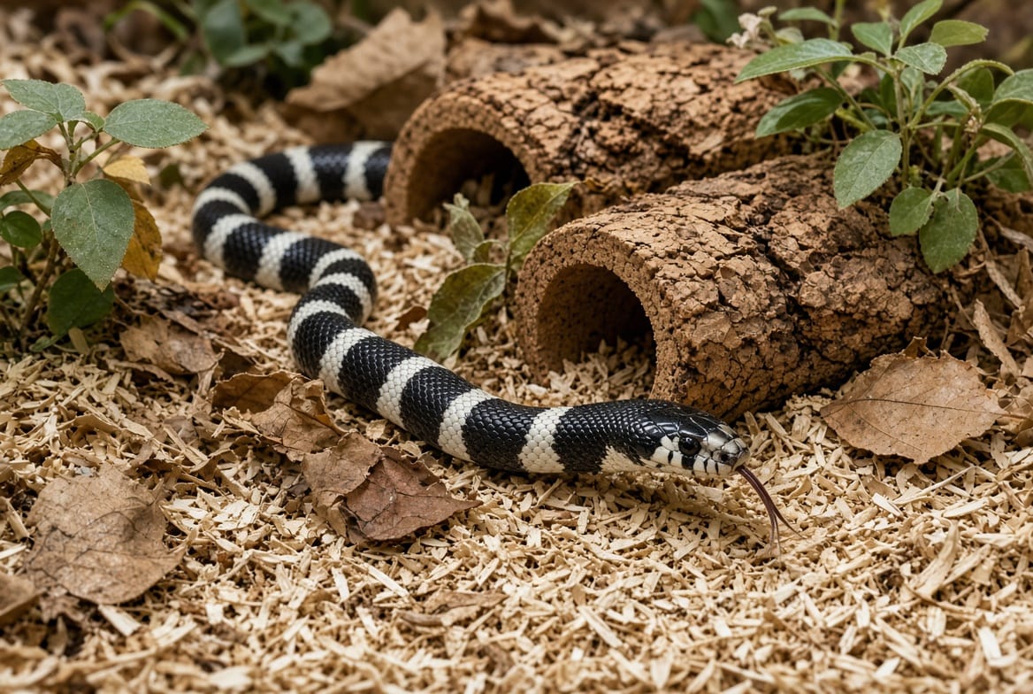 A banded California kingsnake moving across leaf litter in a furnished enclosure