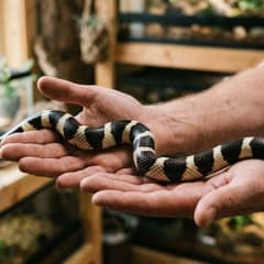 California kingsnake with banded pattern coiled on aspen substrate