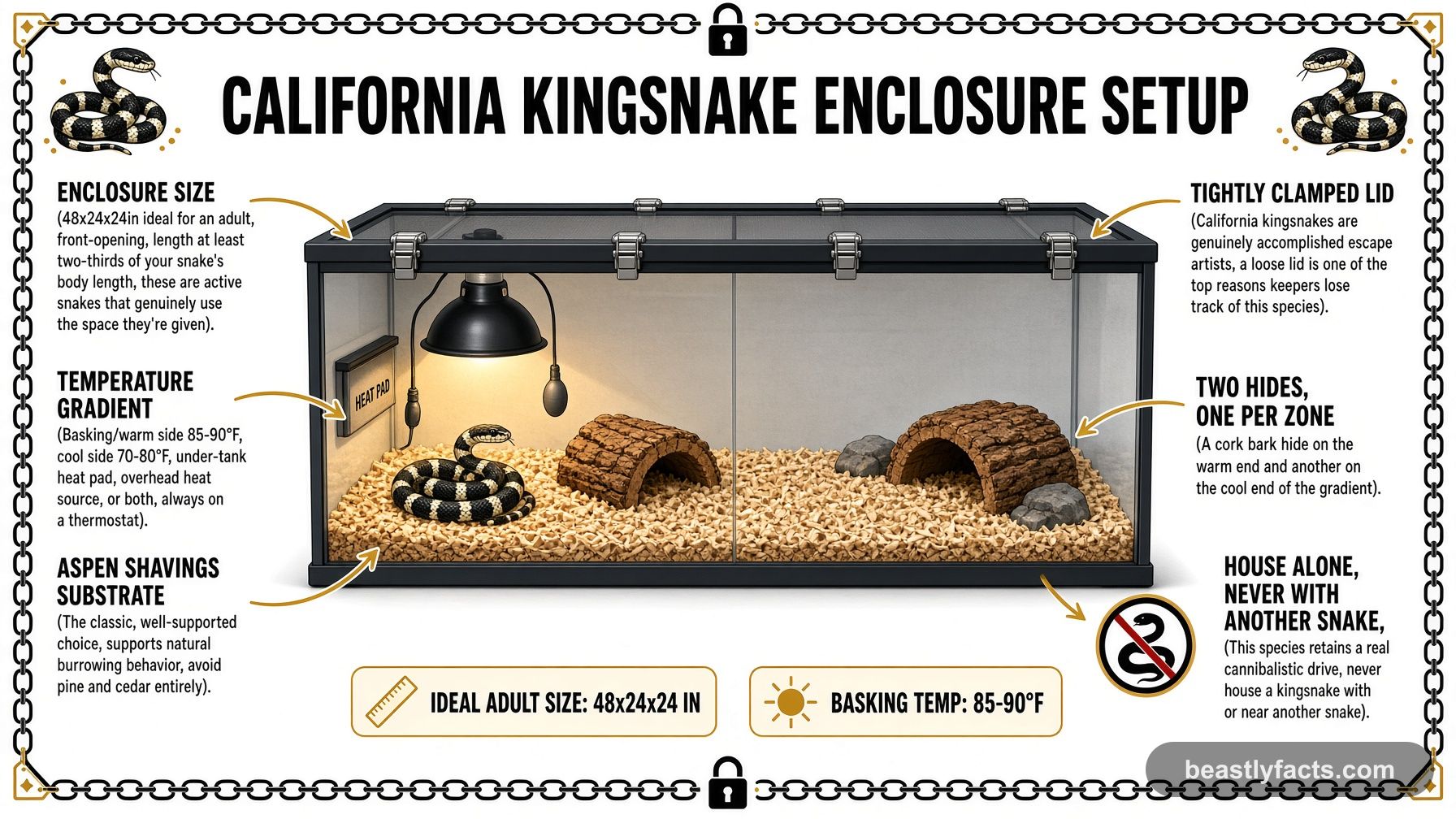 Labeled diagram of a California kingsnake enclosure showing a tightly clamped lid, temperature gradient, and two hides one per zone