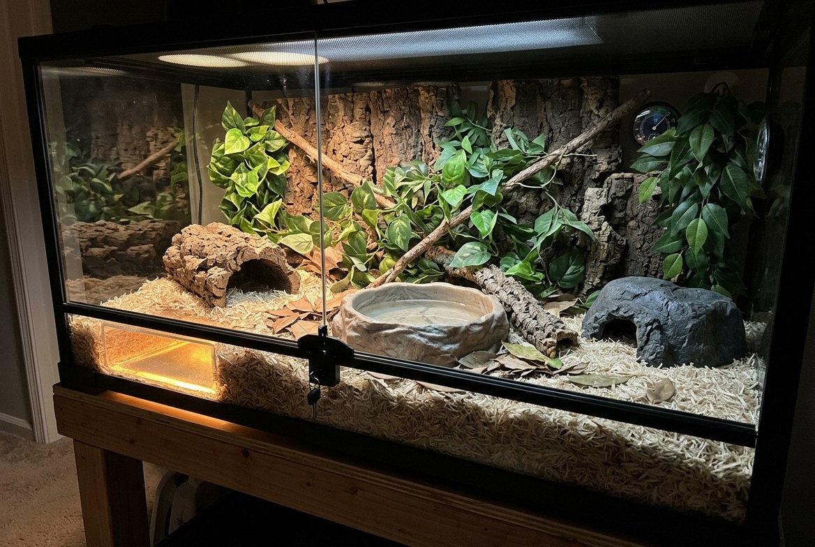 California kingsnake with banded pattern coiled on aspen substrate