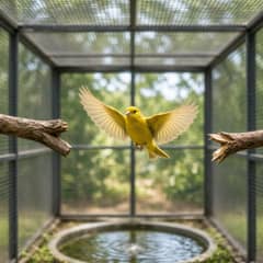 A yellow canary in mid-flight between perches inside a long flight cage