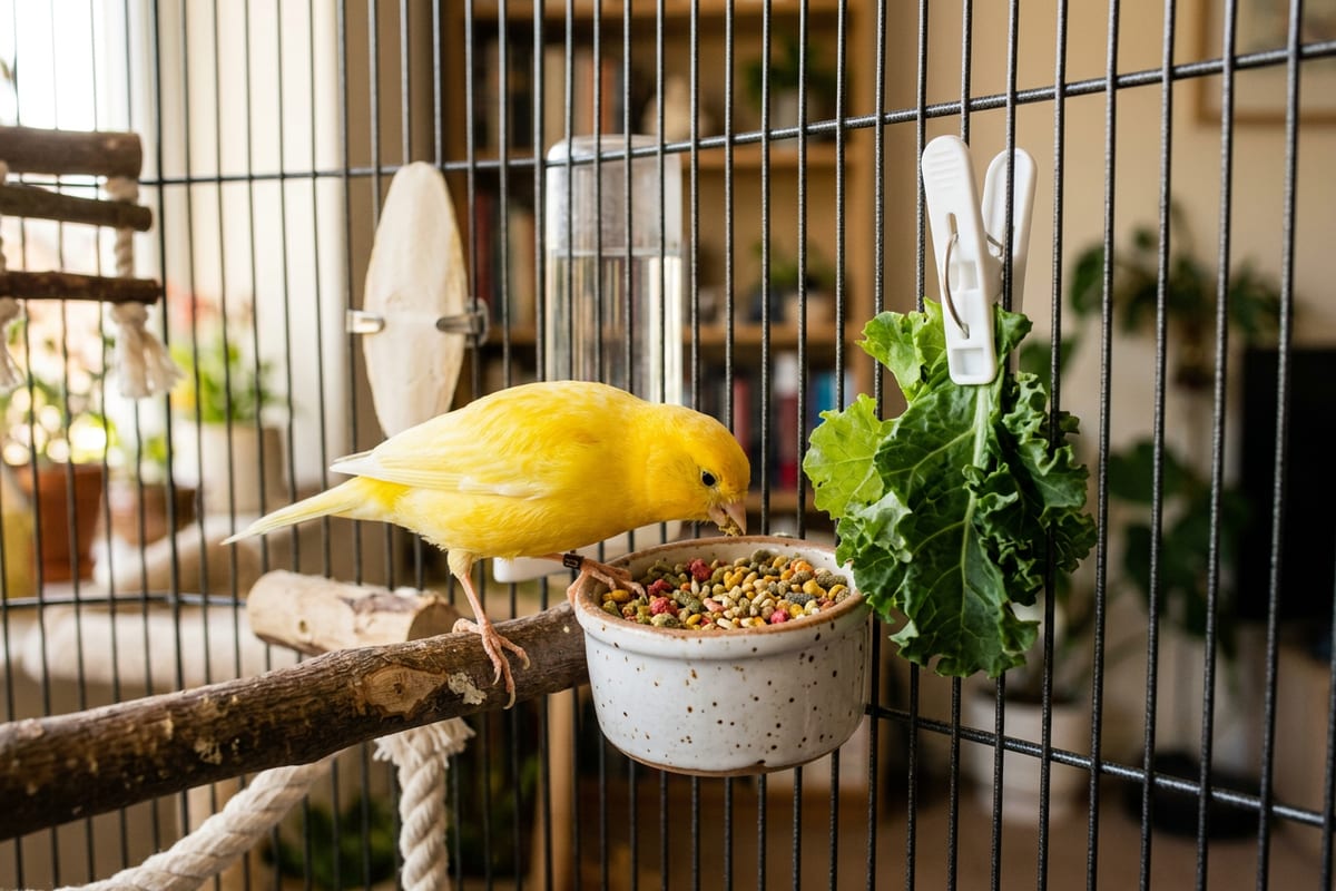 A yellow canary at a small dish of pellets with a sprig of leafy greens clipped to the cage bars beside it