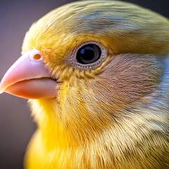 Yellow male canary singing while perched in a wide flight cage