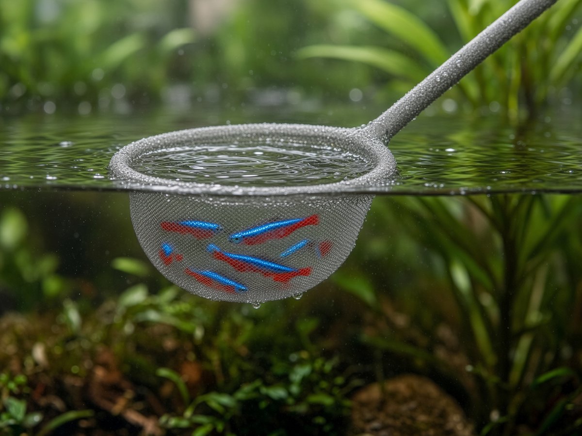 A tight school of cardinal tetras swimming together mid-water in a planted aquarium
