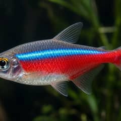Close-up of a healthy, brightly colored cardinal tetra in a well-maintained planted aquarium