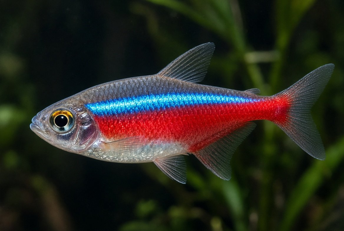 Close-up of a healthy, brightly colored cardinal tetra in a well-maintained planted aquarium