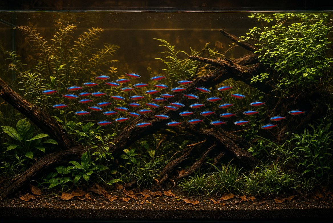 A planted cardinal tetra aquarium with dim lighting, driftwood, and tannin-stained blackwater