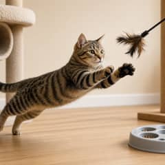 A cat mid-pounce on a wand toy beside a tall cat tree and a scratching post