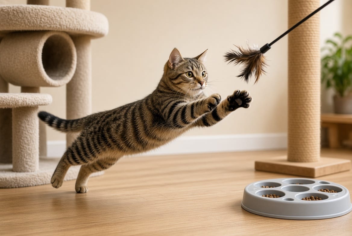A cat mid-pounce on a wand toy beside a tall cat tree and a scratching post