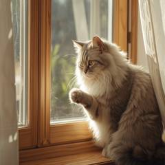 Fluffy cat perched on a sunny windowsill, paw raised against the glass