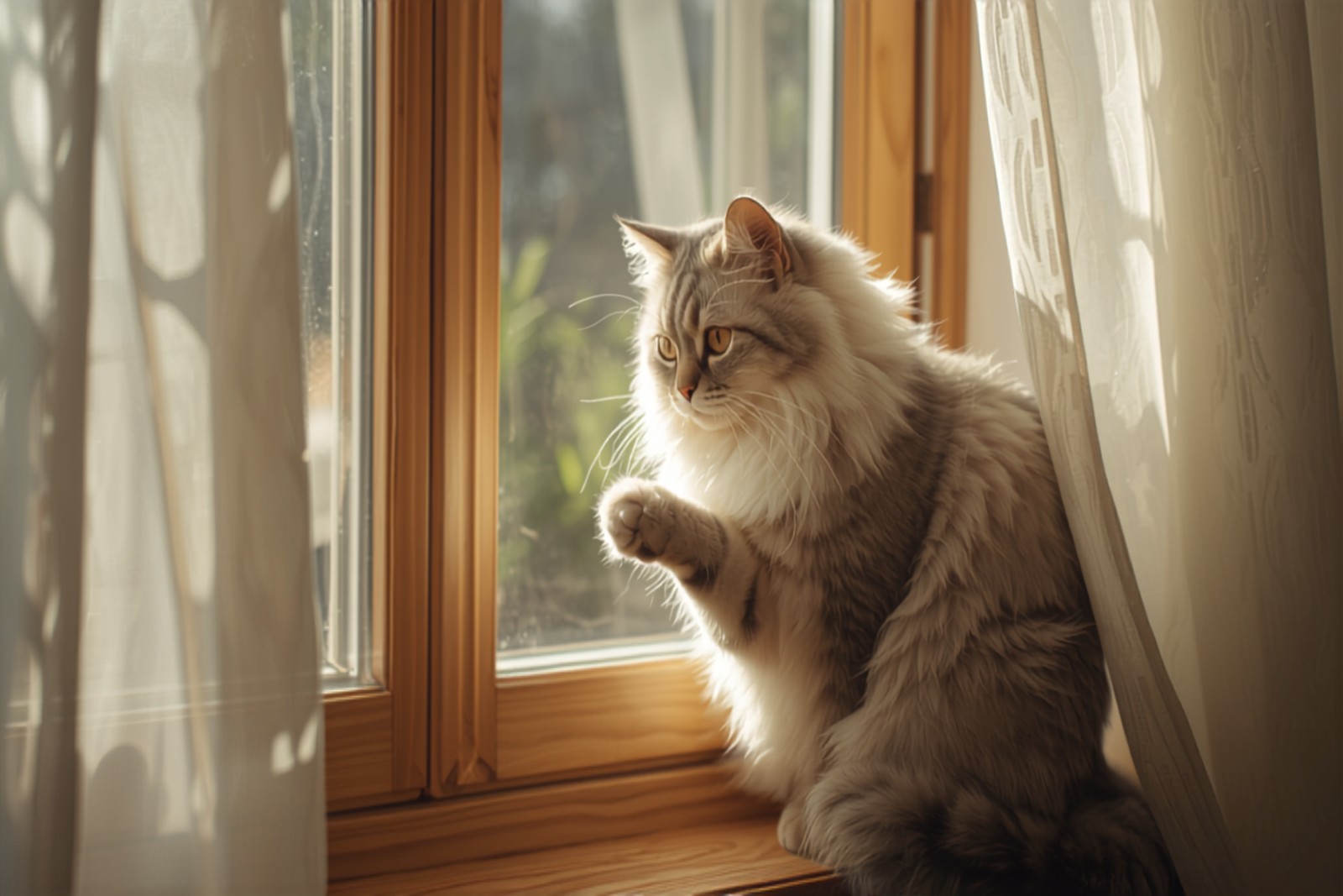 Fluffy cat perched on a sunny windowsill, paw raised against the glass