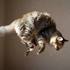 A cat mid-fall against a plain background, body twisted into a corkscrew with its front half already facing down and its back half still turned sideways