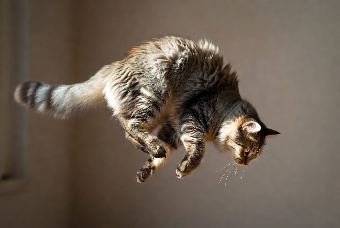 A cat mid-fall against a plain background, body twisted into a corkscrew with its front half already facing down and its back half still turned sideways