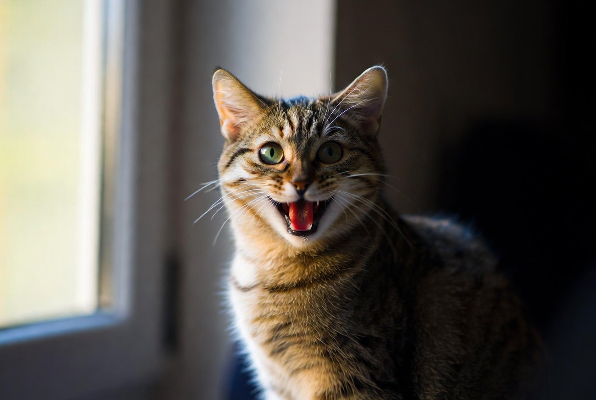 A tabby cat sitting in window light with its mouth open mid-meow, looking directly at the camera