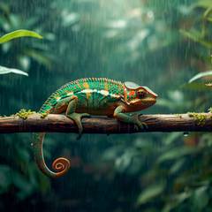 Chameleon on a branch in a humid terrarium with visible misting droplets on leaves