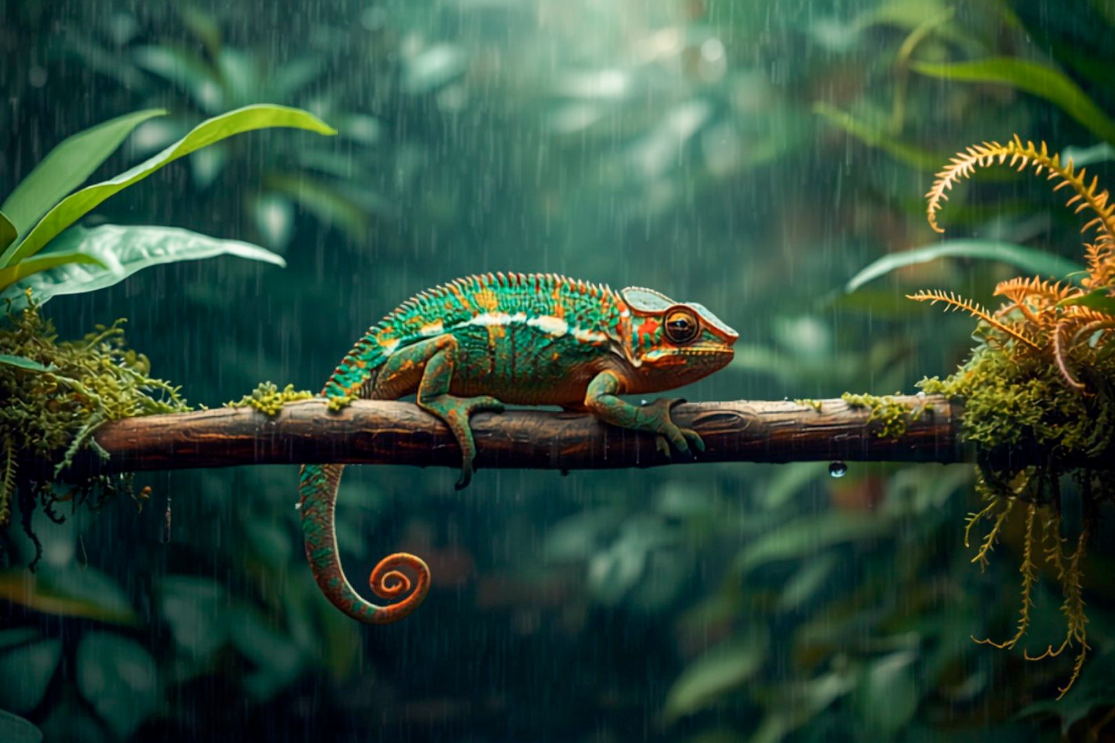 Chameleon on a branch in a humid terrarium with visible misting droplets on leaves